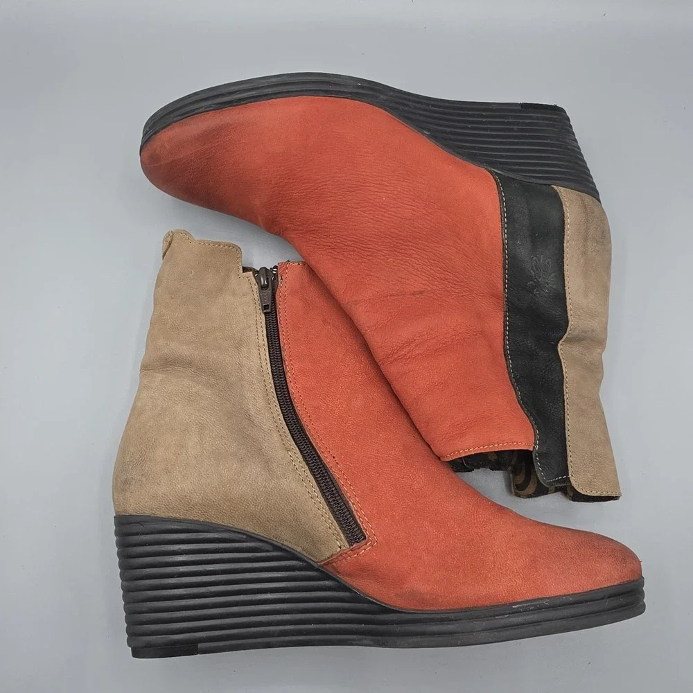 Fly London Booties Womens 39‎ Red Orange Brown Leather Distressed Wedge Zipper
